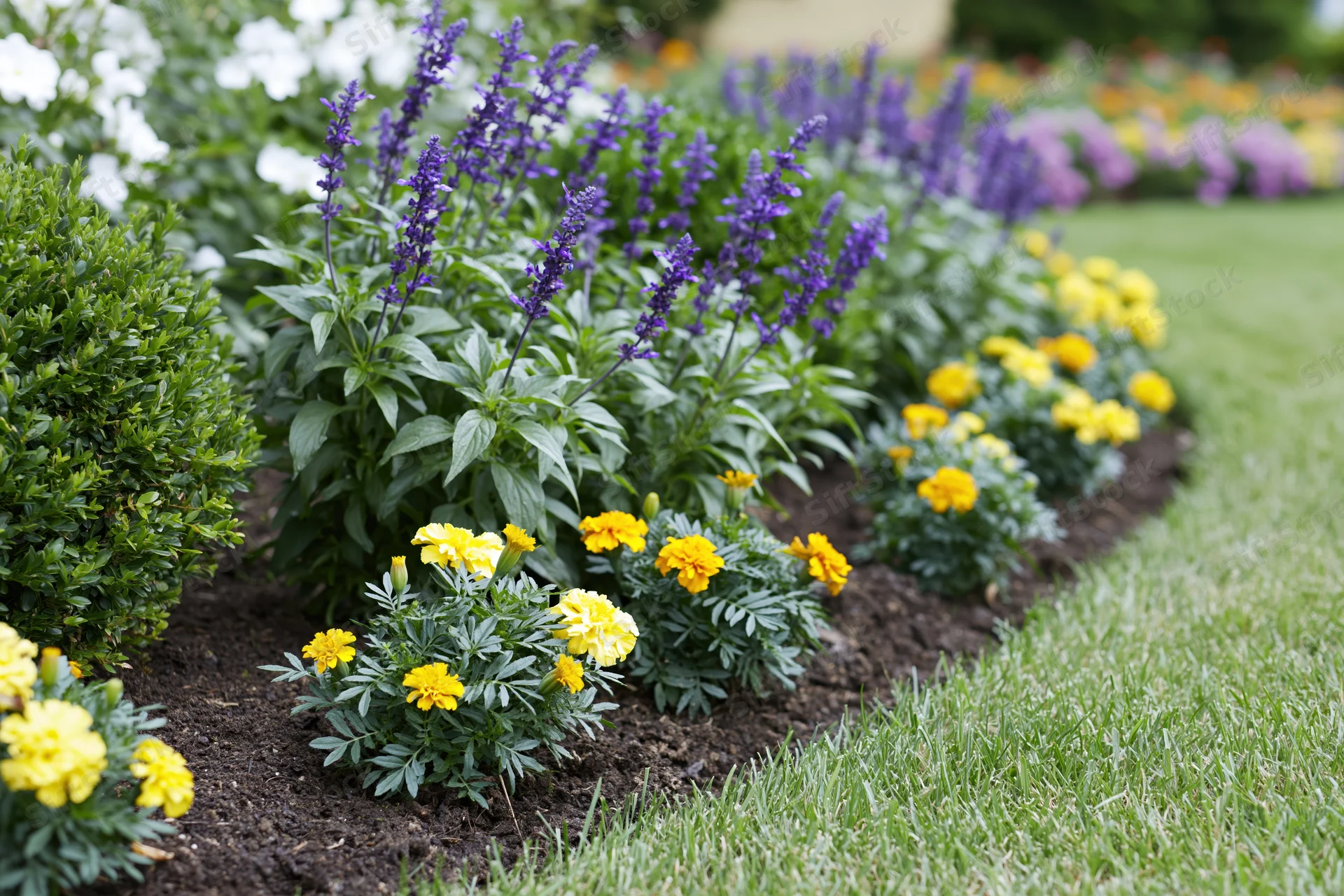 Flowerbed with yellow marigolds and purple salvia along a green lawn edge