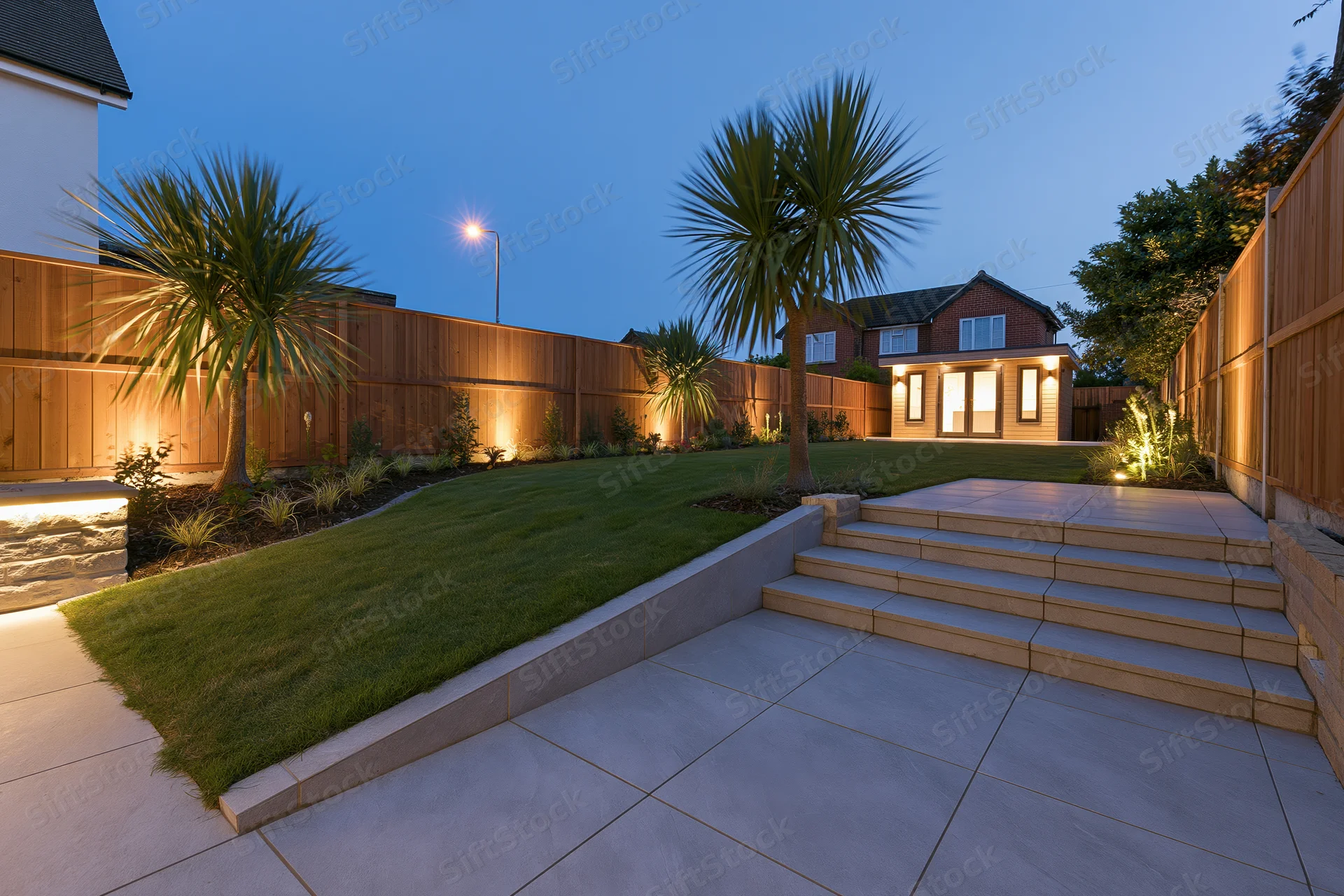 Landscaped suburban backyard with stone steps and palm trees at dusk