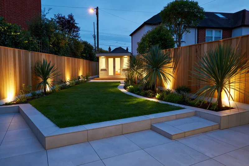 Landscaped suburban backyard with illuminated palm plants and tiled patio at dusk