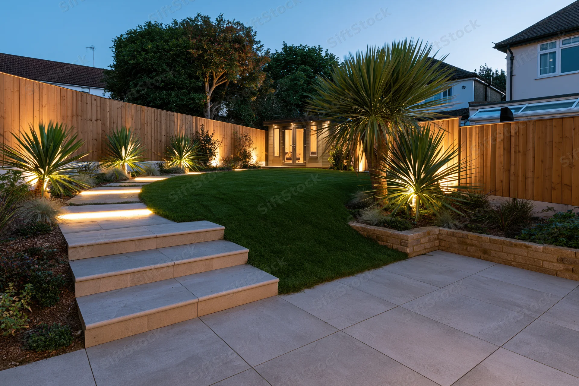 Landscaped suburban backyard with stone steps and illuminated plants at dusk