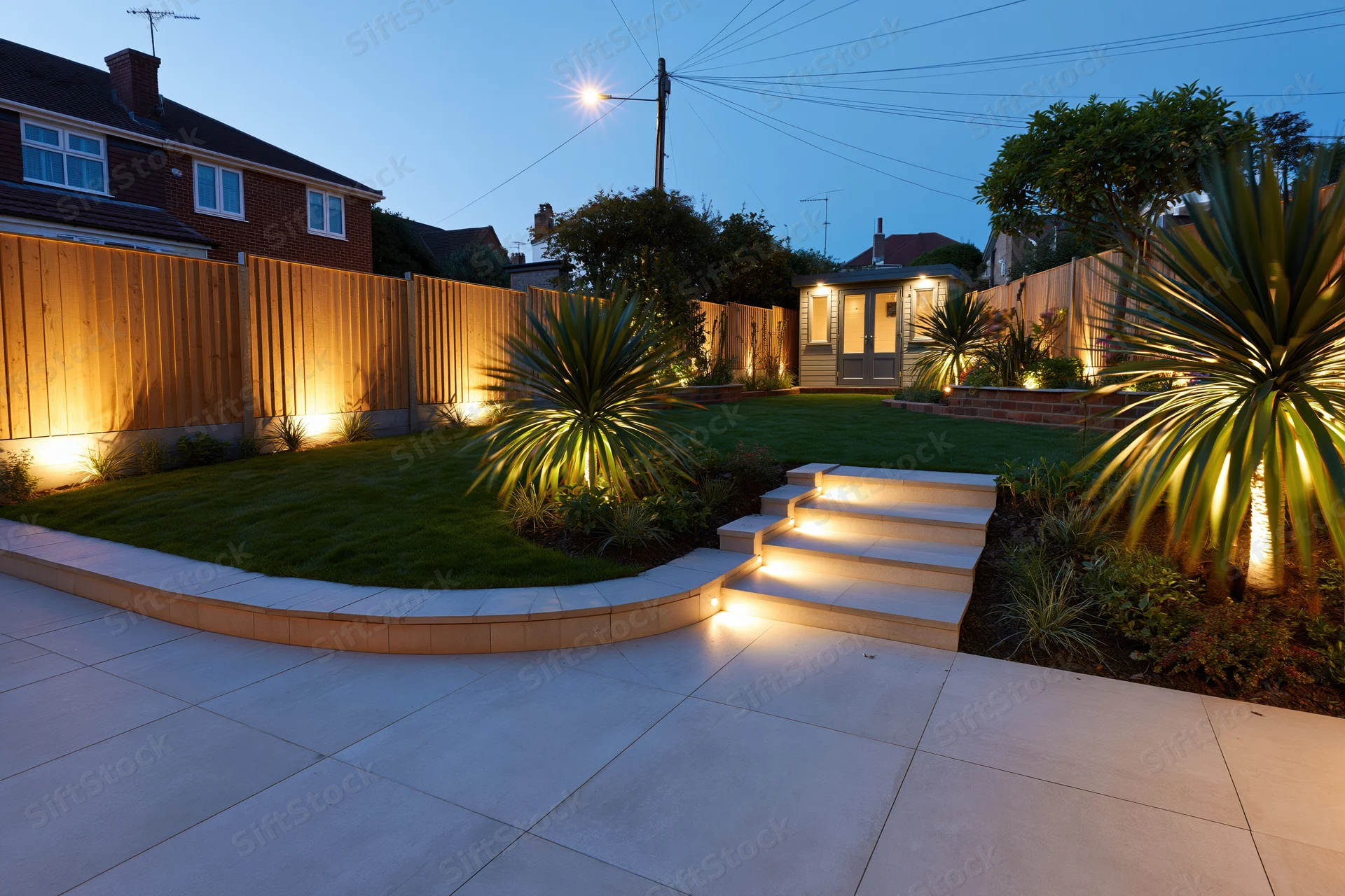 Landscaped suburban backyard with illuminated steps and plants at dusk from patio