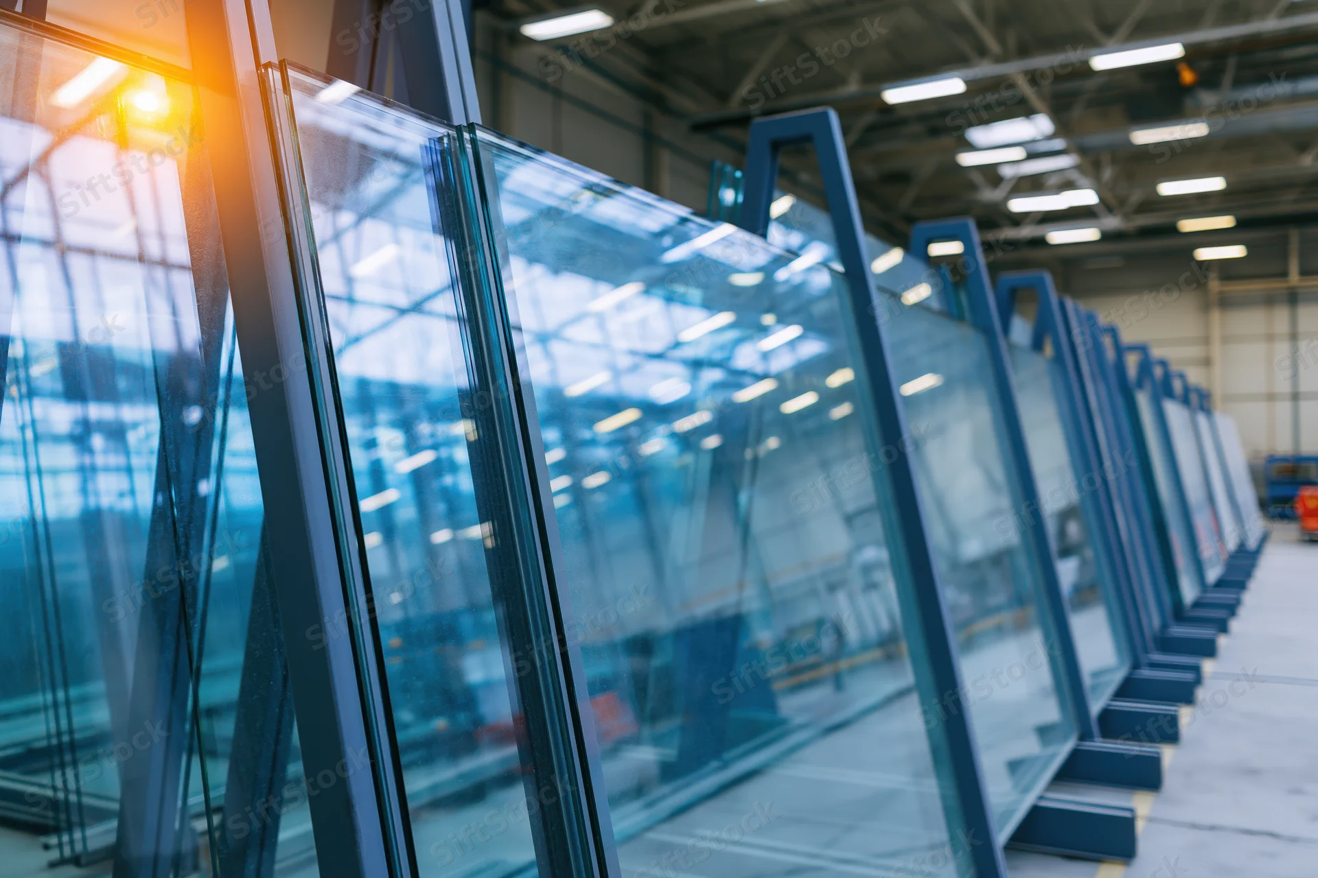Large glass panels stored upright in industrial metal a-frame racks inside a factory warehouse