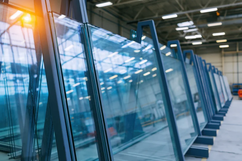 Large glass panels stored upright in industrial metal a-frame racks inside a factory warehouse