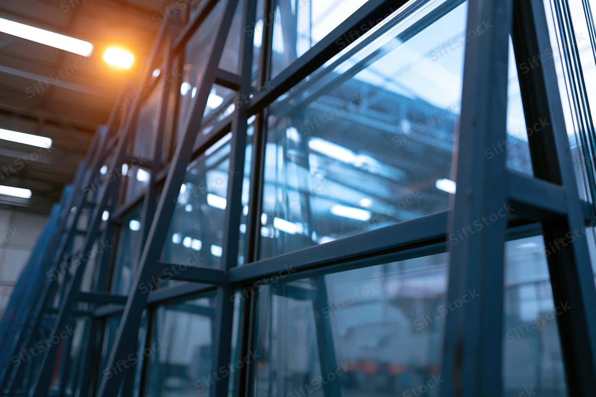 Large glass panels stored upright in industrial metal a-frame structure inside factory
