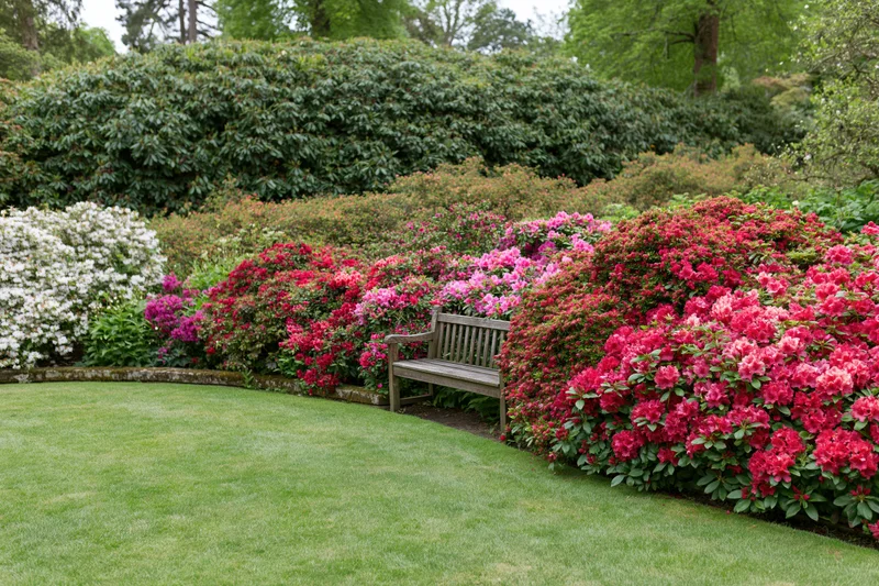 Wooden bench nestled among blooming rhododendrons in a lush spring garden