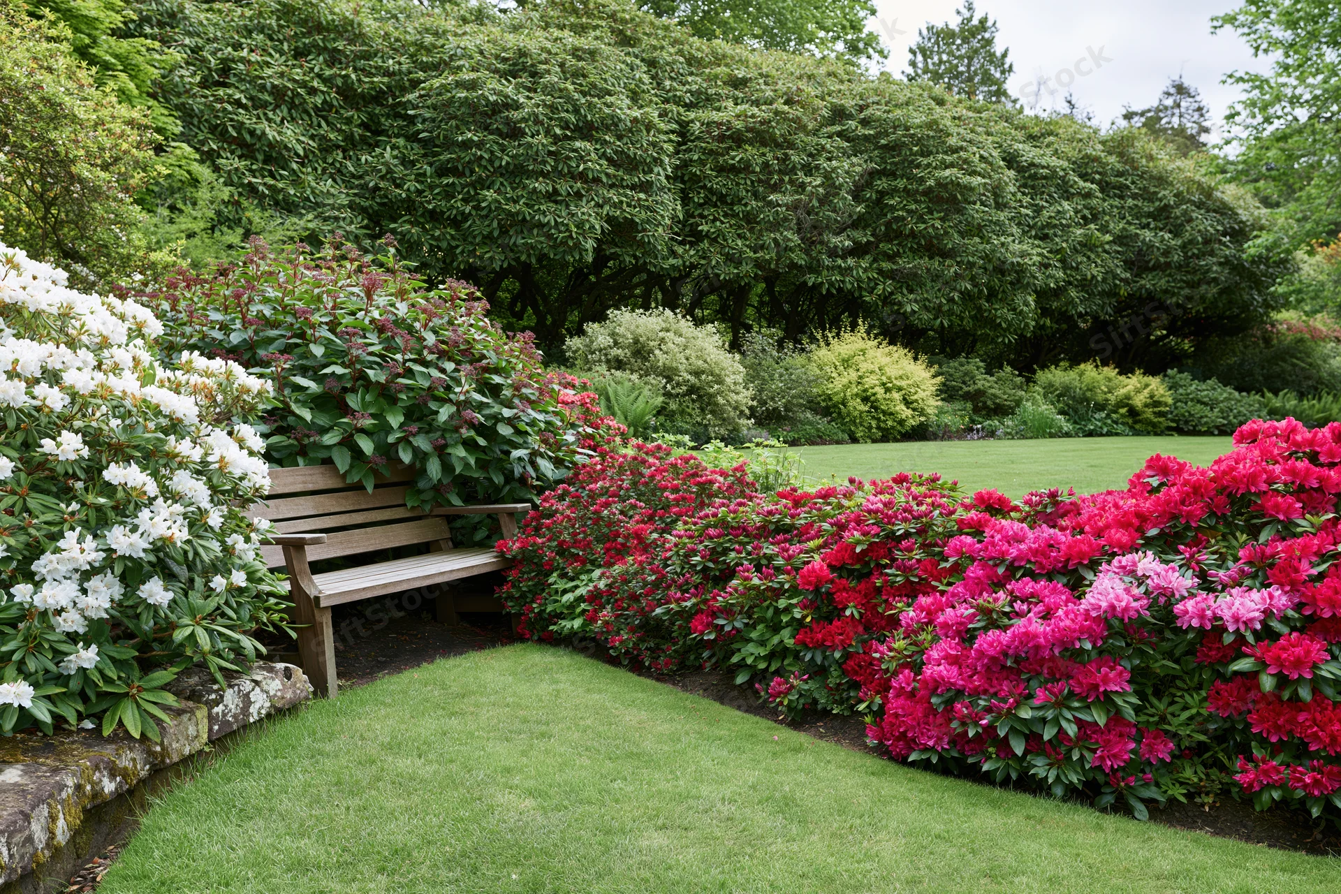 Wooden bench nestled among blooming rhododendrons in a lush spring garden
