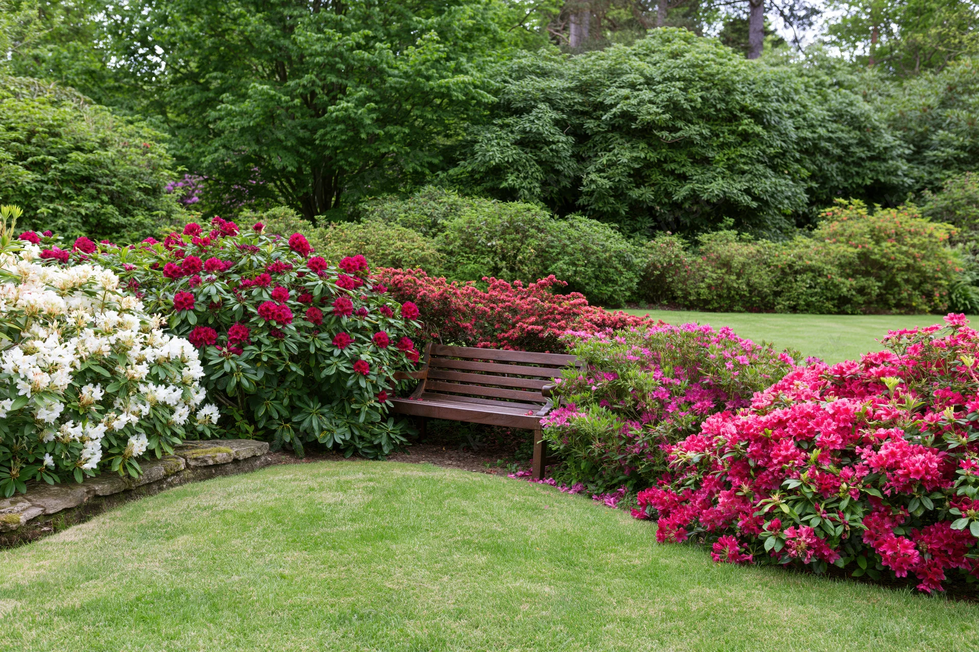 Wooden bench nestled among blooming rhododendrons in a lush spring garden