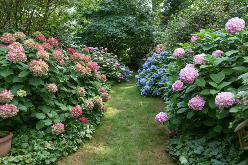 Lush garden path lined with blooming hydrangea shrubs in backyard