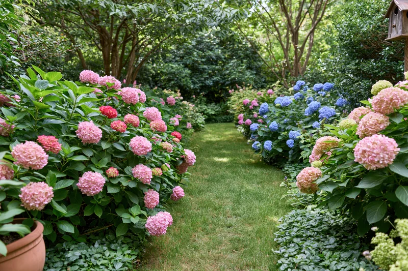 Lush garden path lined with blooming hydrangea shrubs flanked by green foliage and trees