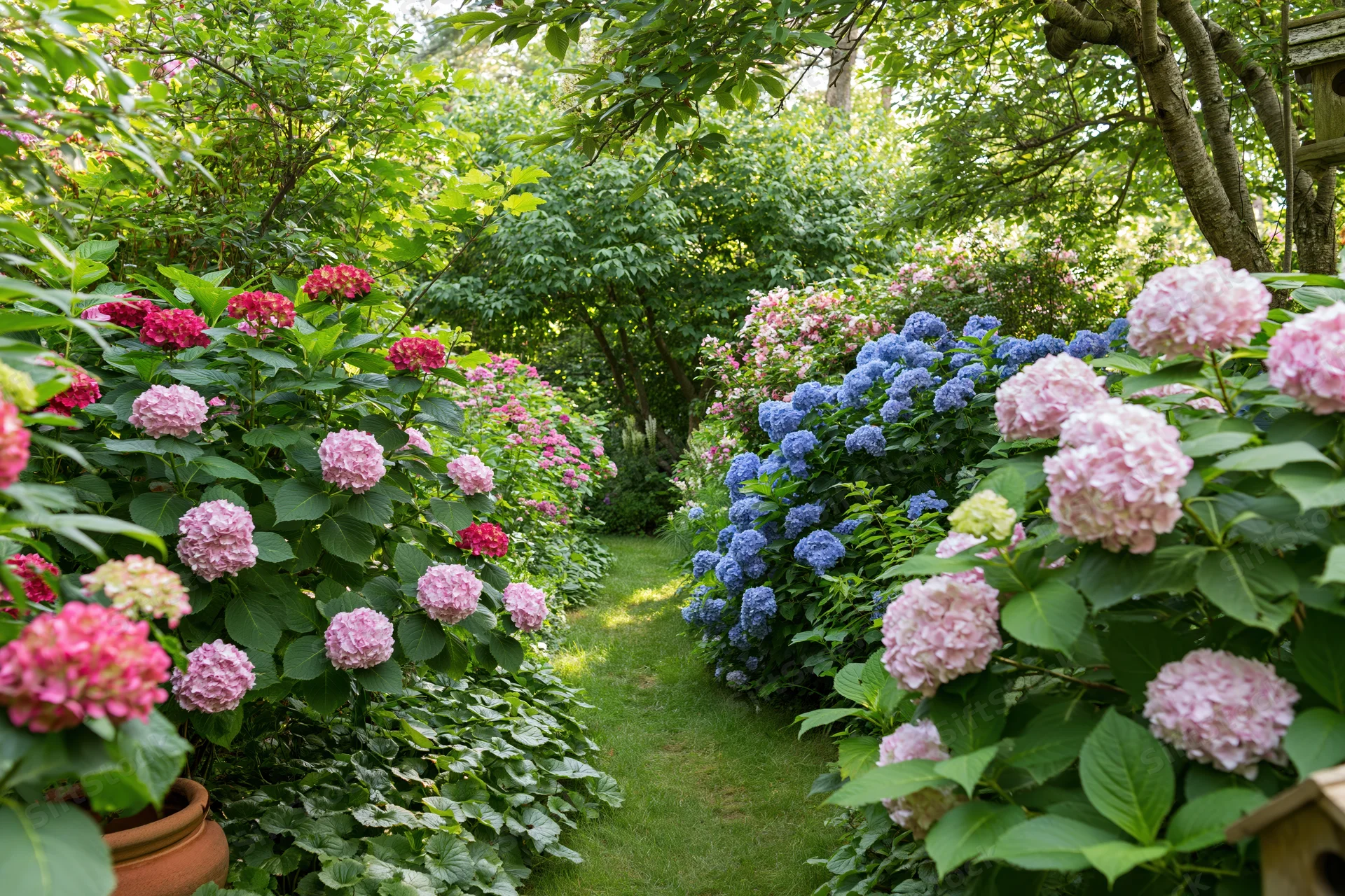 Lush garden path lined with blooming hydrangea shrubs in a backyard setting