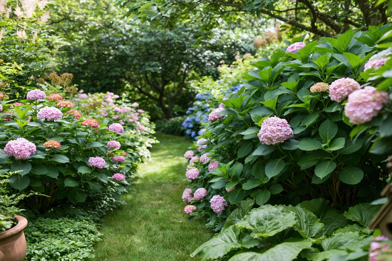 Lush garden path lined with blooming hydrangea shrubs in a backyard setting