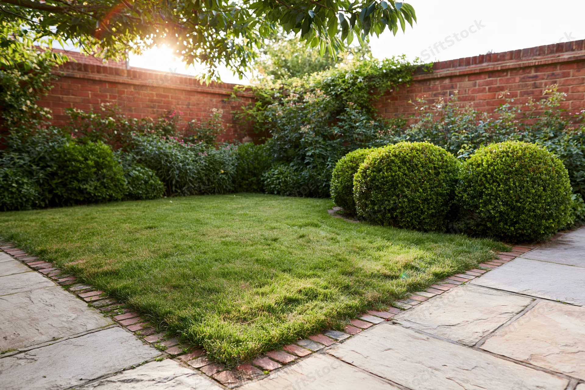 Manicured backyard garden with neatly trimmed grass lawn bordered by brick and stone pathways