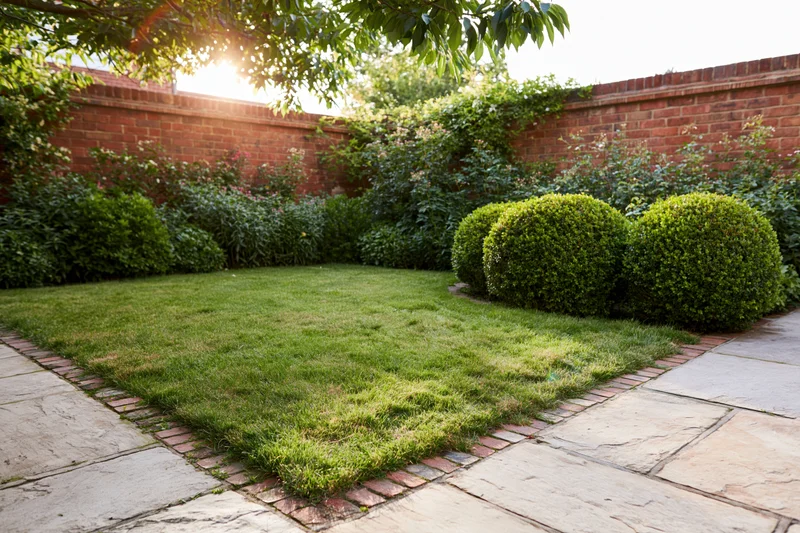 Manicured backyard garden with neatly trimmed grass lawn bordered by brick and stone pathways