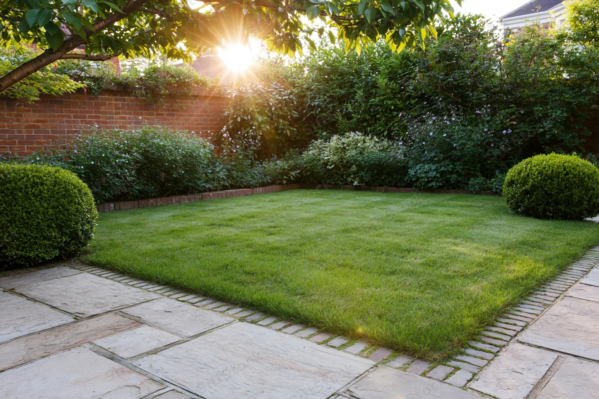 Neatly trimmed grass lawn bordered by hedges and stone pathway in a private backyard garden