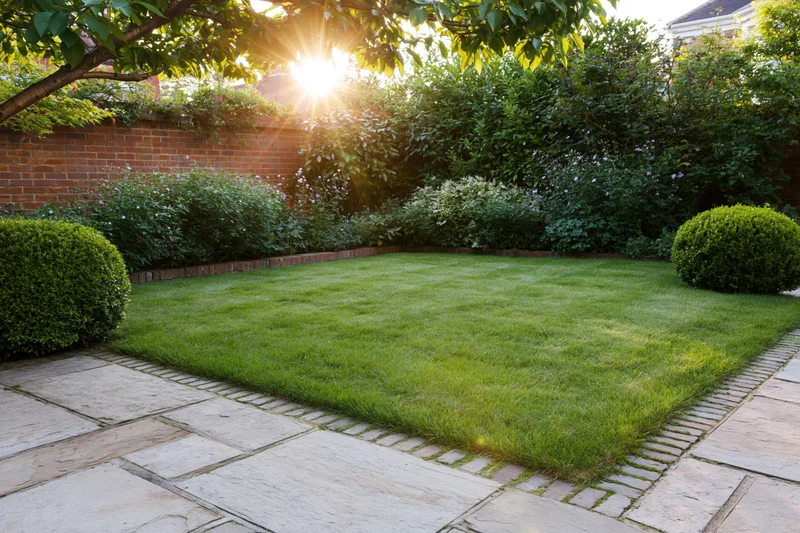 Neatly trimmed grass lawn bordered by hedges and stone pathway in a private backyard garden