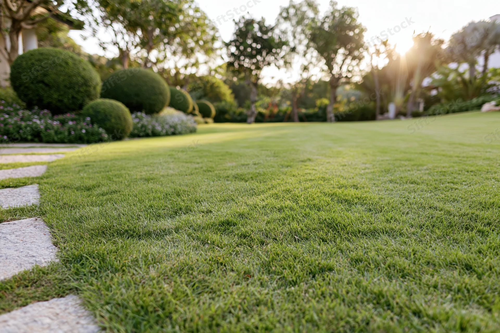 Manicured lawn stretching into open parkland with stone pathway and trees in soft sunlight