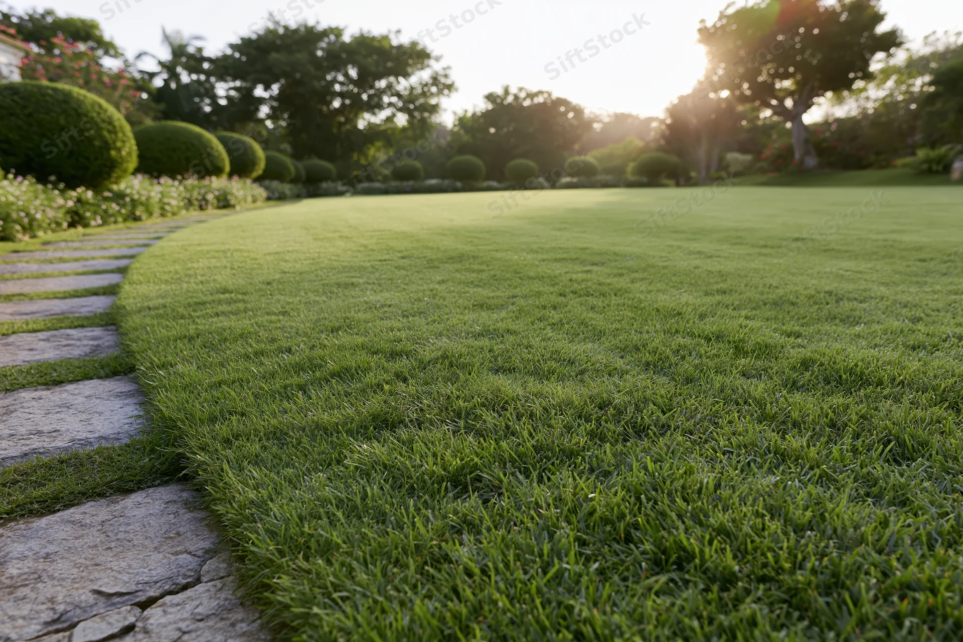 Manicured lawn stretching into open parkland beside a stone pathway