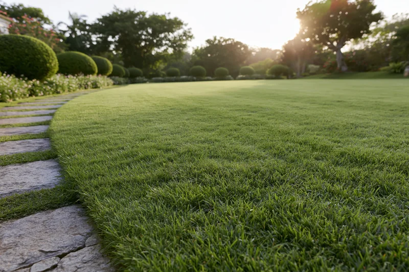 Manicured lawn stretching into open parkland beside a stone pathway