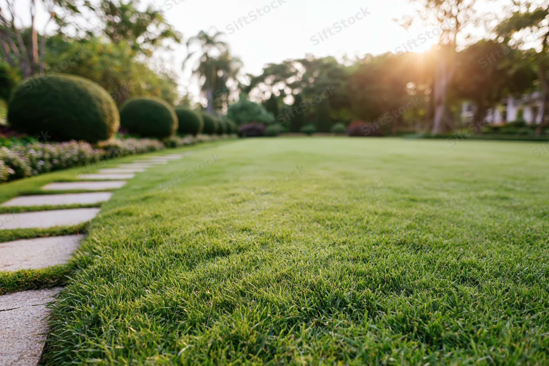 Manicured lawn stretching into open parkland with stone pathway and trees in background
