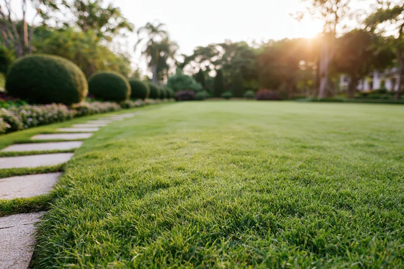 Manicured lawn stretching into open parkland with stone pathway and trees in background