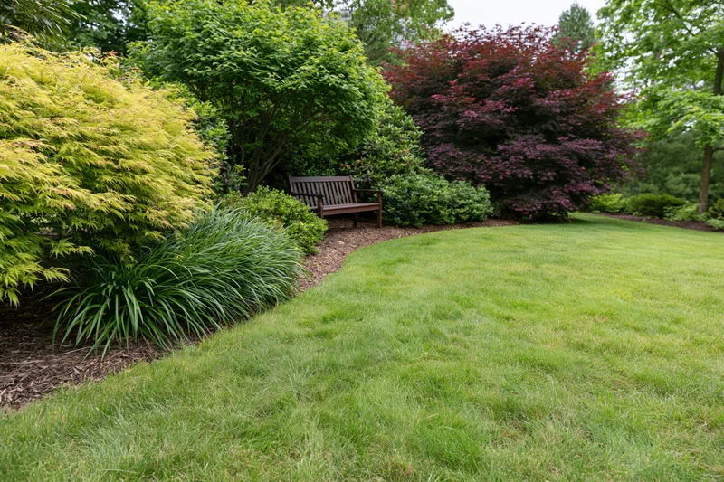 Manicured green lawn curving into a landscaped garden border with shrubs and a wooden bench