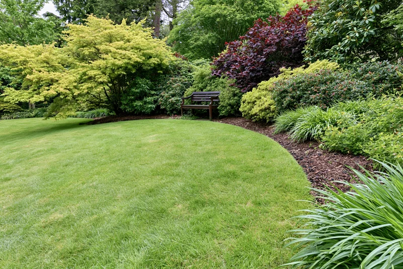 Manicured green lawn curving into a landscaped garden border with shrubs and a wooden bench
