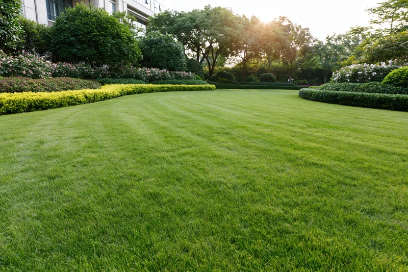 Manicured green lawn stretching across a landscaped garden with shrubs and trees in the background