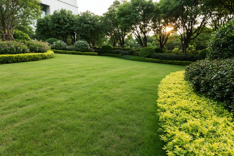 Manicured green lawn bordered by trimmed hedges and trees in a landscaped garden near a modern building at sunrise