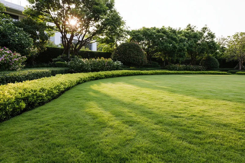 Manicured green lawn stretching across a landscaped garden with hedges and trees under sunlight