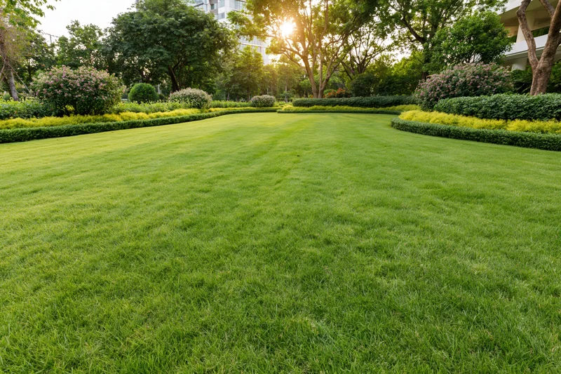 Manicured green lawn stretching across a landscaped garden with trees and shrubs under morning sunlight