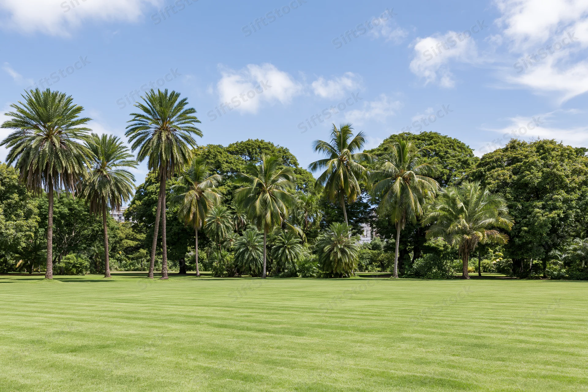 Manicured green lawn stretching toward a dense grove of palm trees under a blue sky with scattered clouds