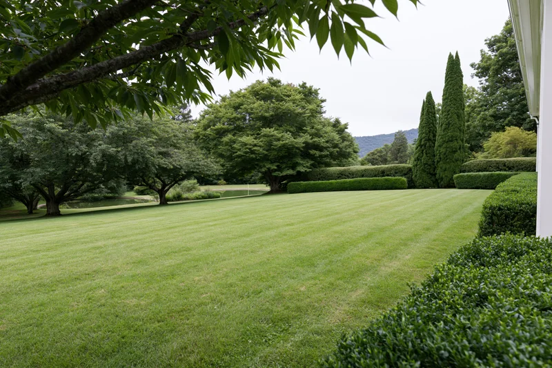 Manicured green lawn stretching toward a mixed treeline of broadleaf and conifer trees in a formal garden setting