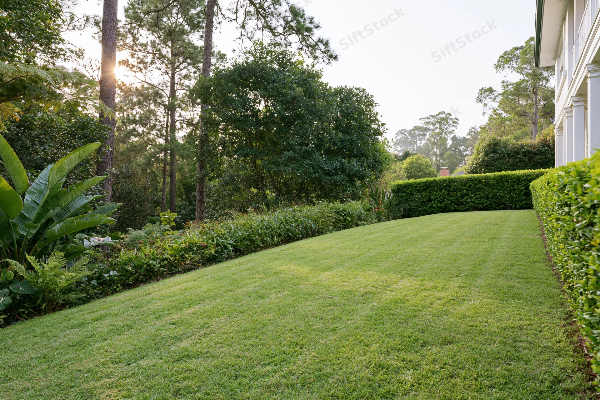 Manicured lawn sloping toward a white-columned house bordered by hedges and trees