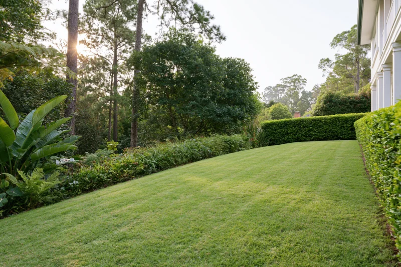 Manicured lawn sloping toward a white-columned house bordered by hedges and trees