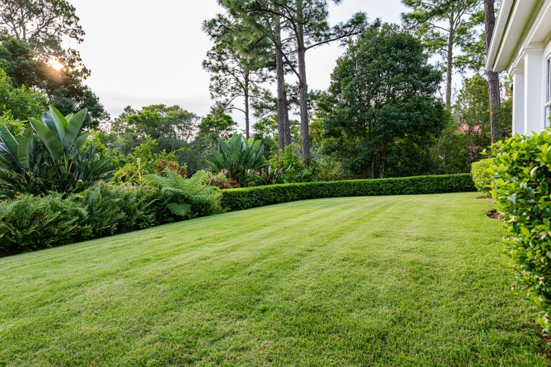 Manicured residential lawn with trimmed hedges and trees stretching toward a house in daylight