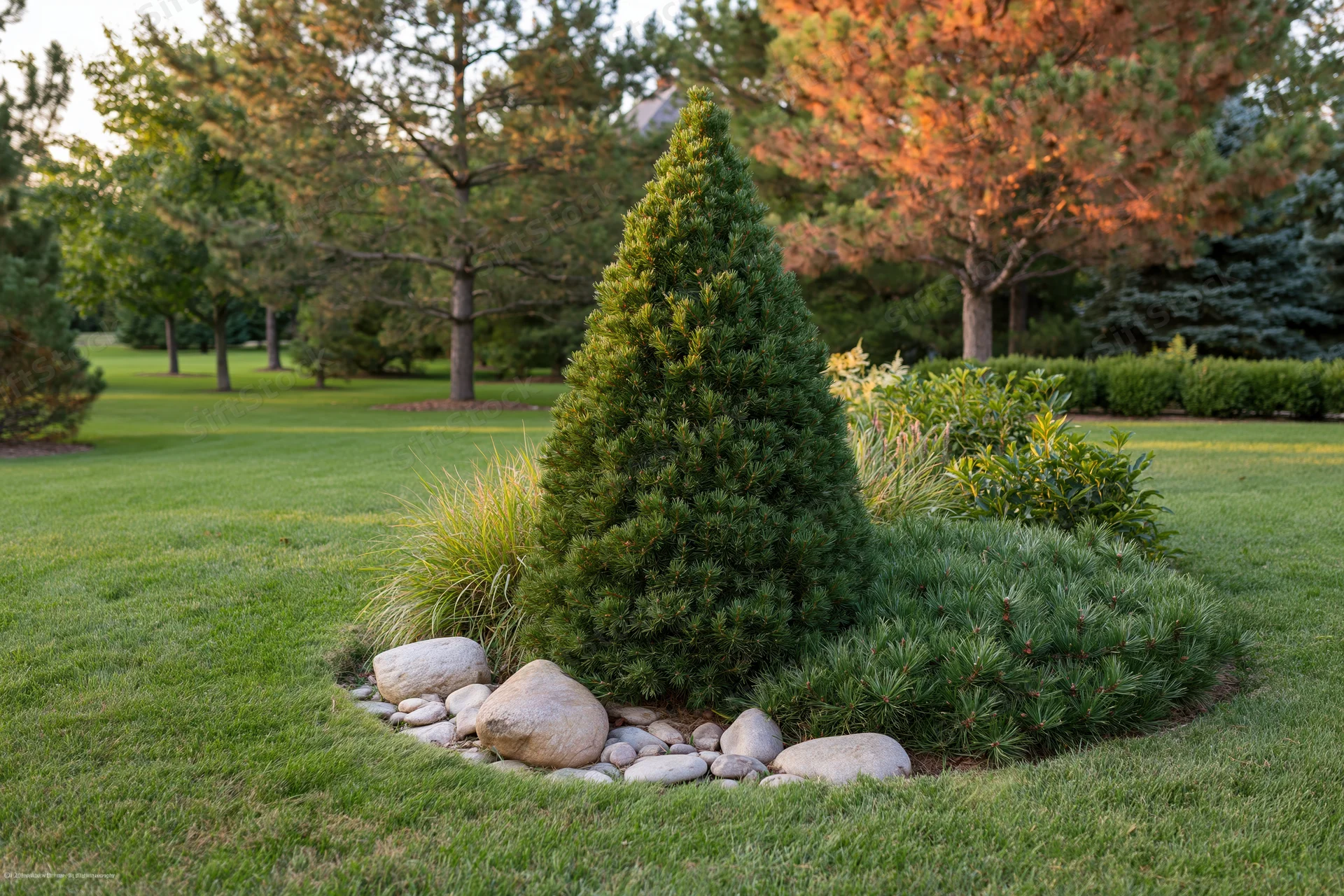 Conical evergreen shrub planted in a rock-bordered garden bed on a manicured lawn