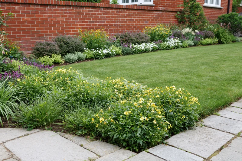 Manicured suburban backyard garden with neatly trimmed lawn and colorful flowerbeds along a brick wall and stone pathway
