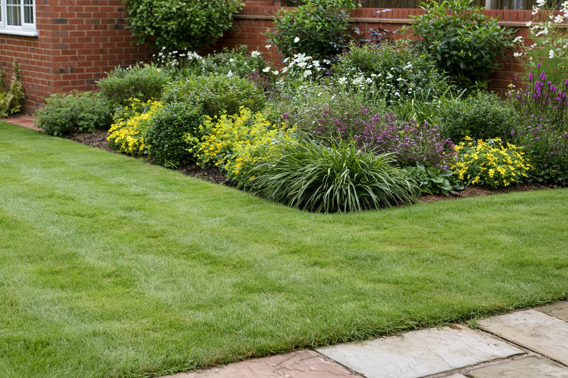 Manicured suburban backyard garden with neatly trimmed lawn and colorful flowerbeds along a brick house