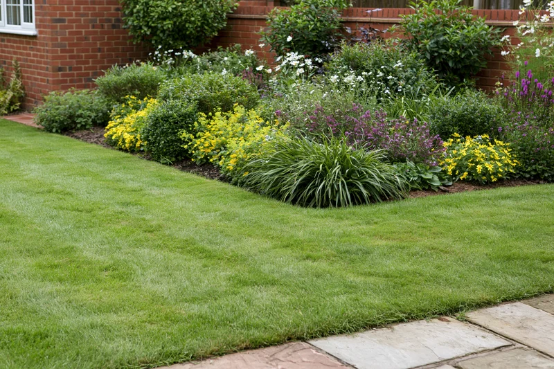 Manicured suburban backyard garden with neatly trimmed lawn and colorful flowerbeds along a brick house