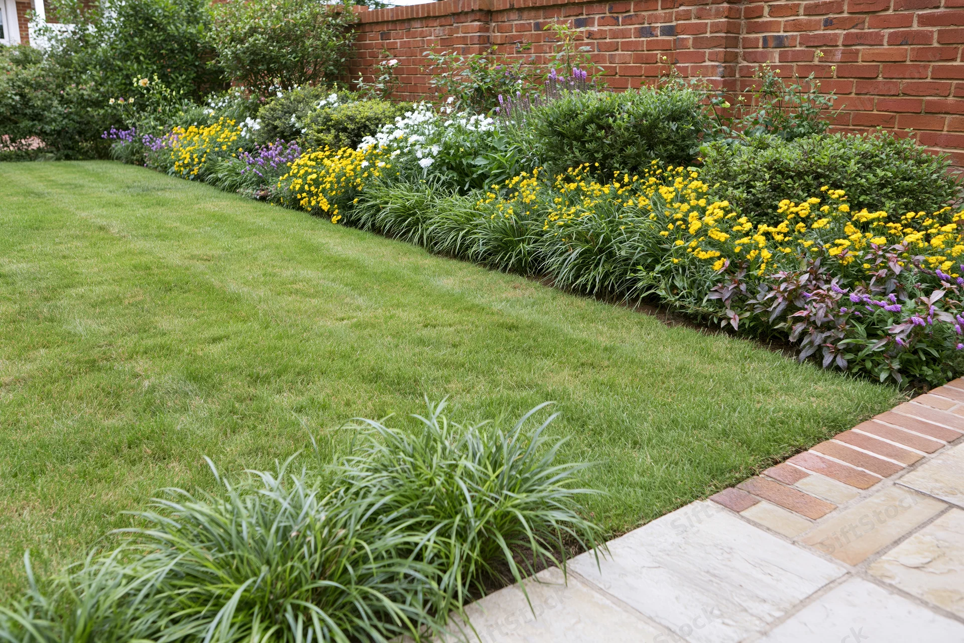 Manicured suburban backyard garden with neatly trimmed lawn and colorful flowerbeds along a brick wall and stone pathway
