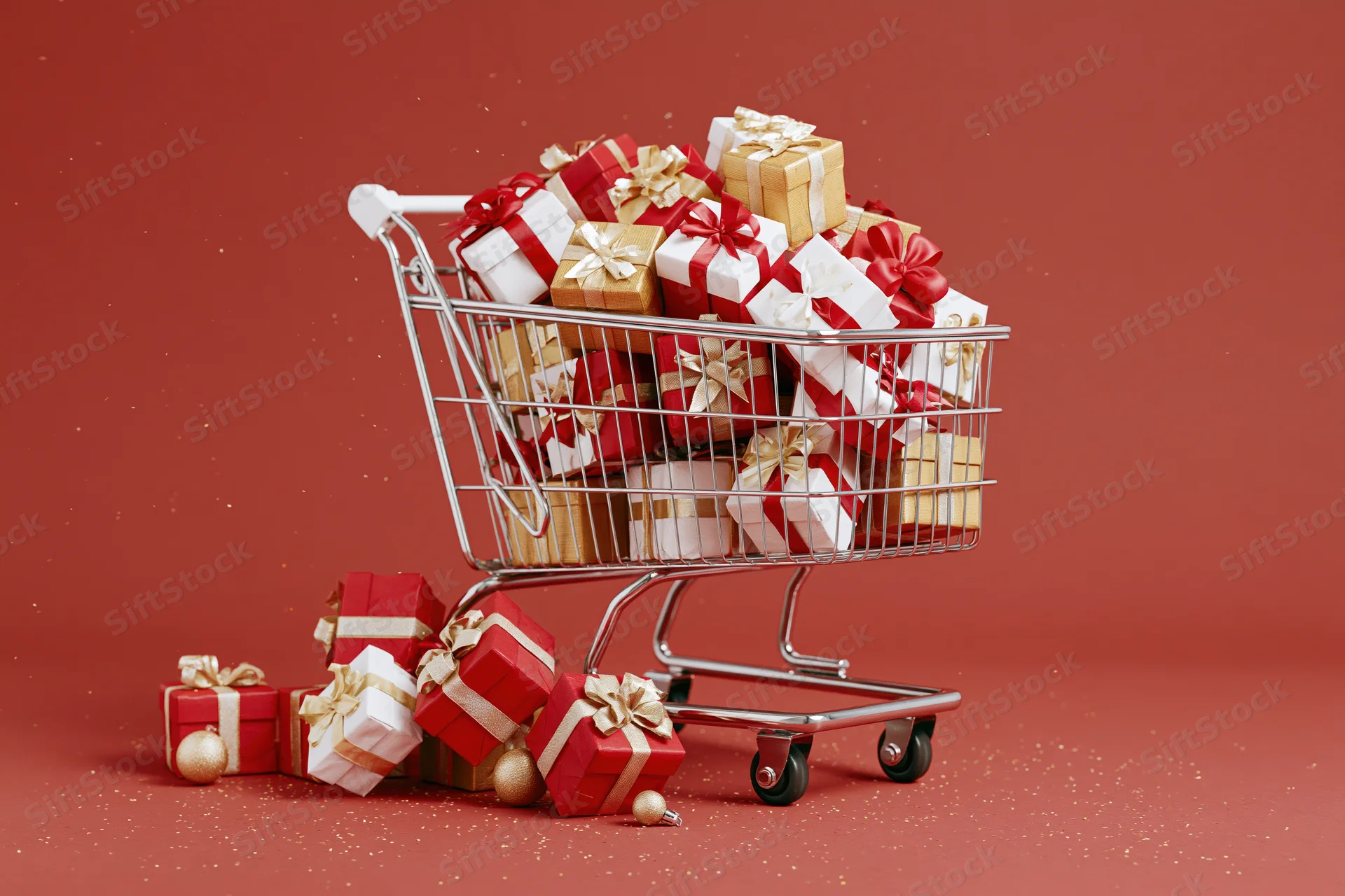 Metal shopping cart overflowing with wrapped christmas gifts on red background