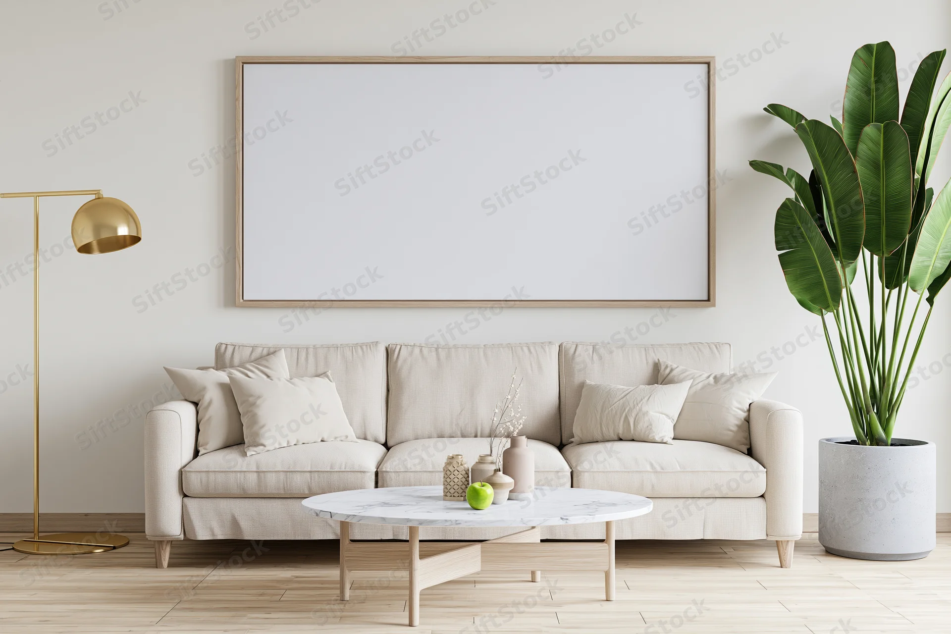 Minimalist scandinavian living room with beige sofa, round marble coffee table, and large framed mockup on the wall