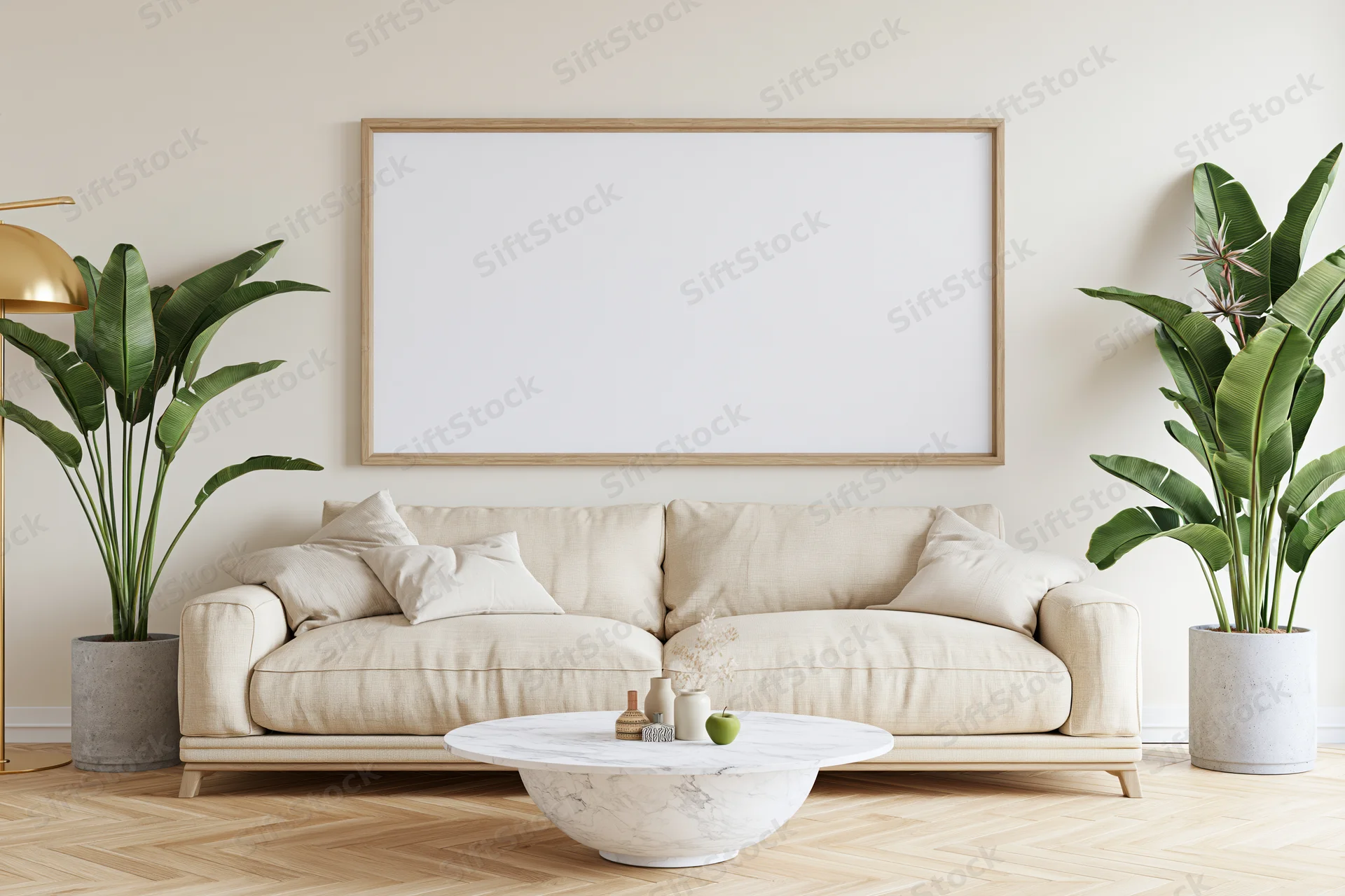 Minimalist scandinavian living room with beige sofa, marble coffee table, potted banana plants, and blank framed wall art