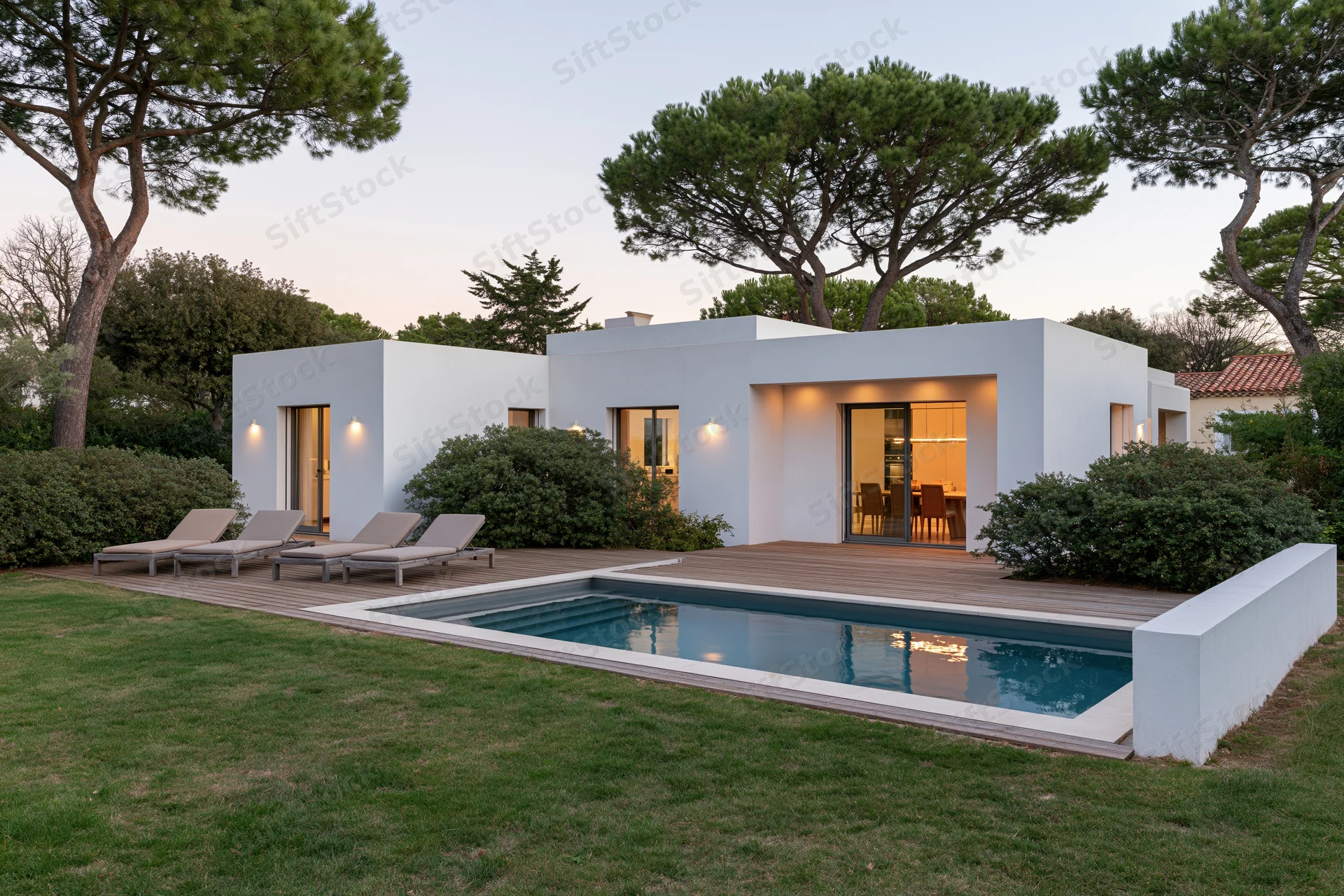 Modern white stucco house with swimming pool and outdoor lounge area at dusk