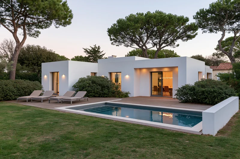 Modern white stucco house with swimming pool and outdoor lounge area at dusk