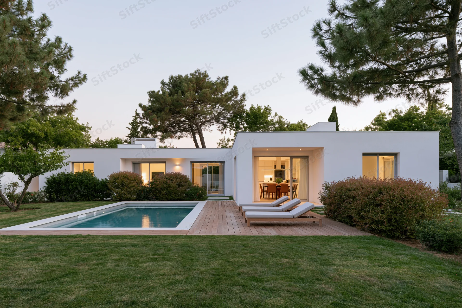 Modern single-story white stucco house with swimming pool and wooden deck in evening light