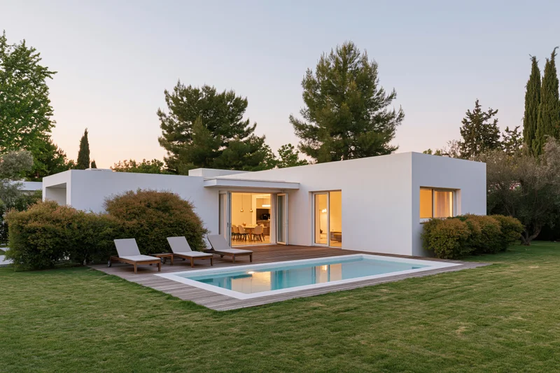 Modern single-story white stucco house with swimming pool and garden at twilight