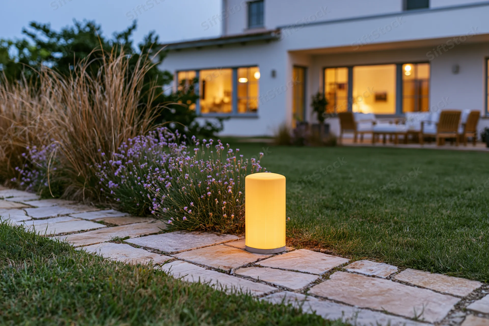 Glowing bollard light on stone pathway beside lavender in modern suburban backyard at dusk