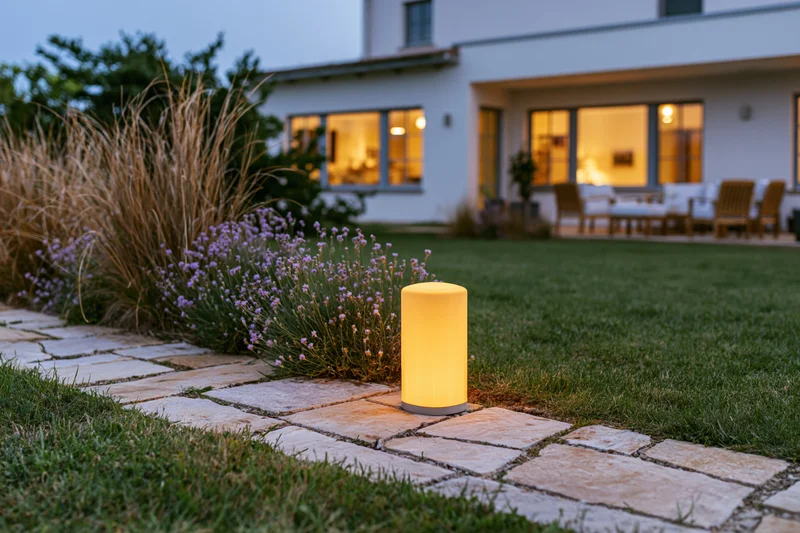 Glowing bollard light on stone pathway beside lavender in modern suburban backyard at dusk
