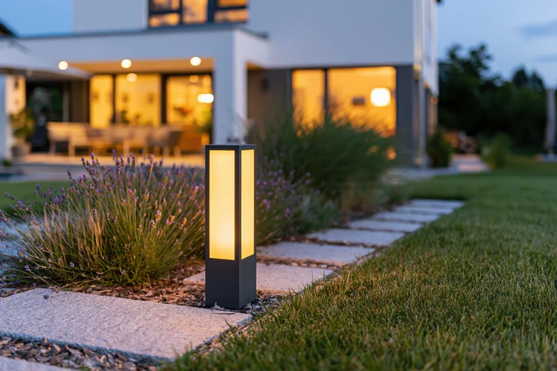 Modern suburban backyard at dusk with glowing bollard light along stone pathway beside lavender plants and house